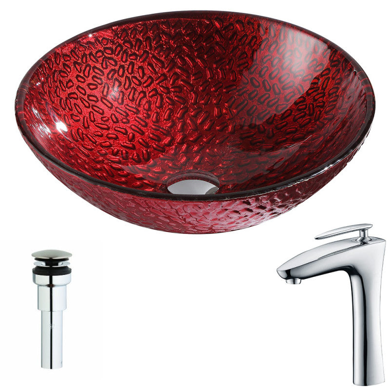 Rhythm Series Deco-Glass Vessel Sink in Lustrous Red Finish with Crown Faucet in Chrome