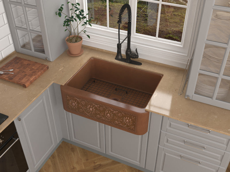 Cilicia Farmhouse Handmade Copper 30 in. 0-Hole Single Bowl Kitchen Sink with Daisy Design Panel in Polished Antique Copper