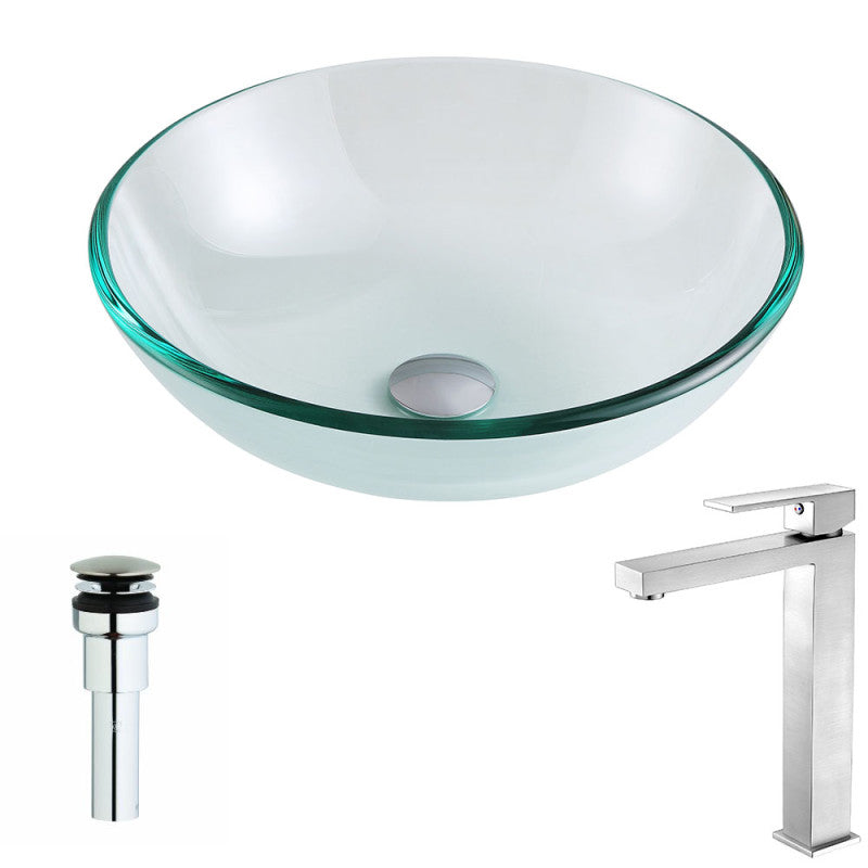 Etude Series Deco-Glass Vessel Sink in Lustrous Clear with Enti Faucet in Brushed Nickel