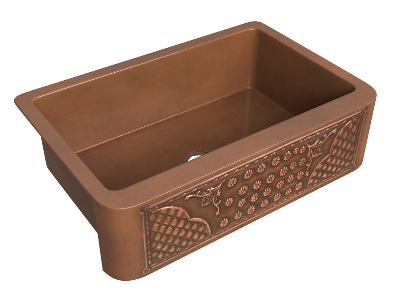 Macedonian Farmhouse Handmade Copper 33 in. 0-Hole Single Bowl Kitchen Sink with Flower Bed Design Panel in Polished Antique Copper