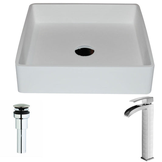 Passage Series 1-Piece Solid Surface Vessel Sink in Matte White with Key Faucet in Brushed Nickel