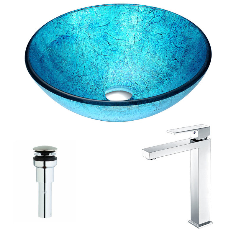 LSAZ047-096 - Accent Series Deco-Glass Vessel Sink in Blue Ice with Enti Faucet in Chrome