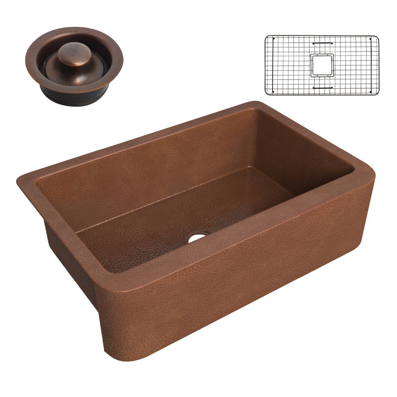 Miletus Farmhouse Handmade Copper 33 in. 0-Hole Single Bowl Kitchen Sink in Hammered Antique Copper