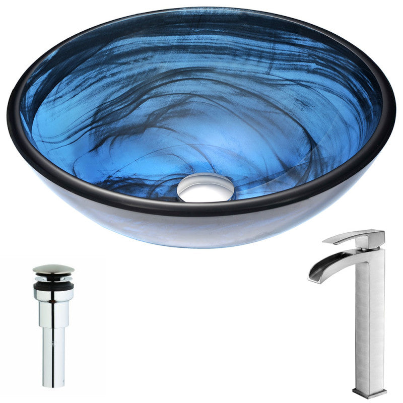 LSAZ048-097 - Soave Series Deco-Glass Vessel Sink in Sapphire Wisp with Key Faucet in Polished Chrome