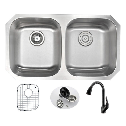 MOORE Undermount 32 in. Double Bowl Kitchen Sink with Accent Faucet in Oil Rubbed Bronze