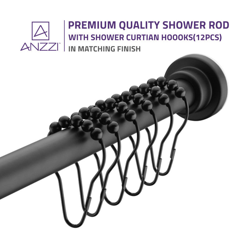 ANZZI 48-88 Inches Shower Curtain Rod with Shower Hooks in Matt Black | Adjustable Tension Shower Doorway Curtain Rod | Rust Resistant No Drilling Anti-Slip Bar for Bathroom | AC-AZSR88MB
