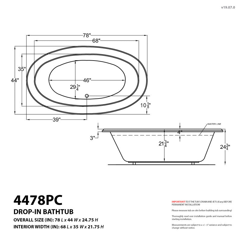 Atlantis Whirlpools Petite 44 x 78 Oval Soaking Bathtub