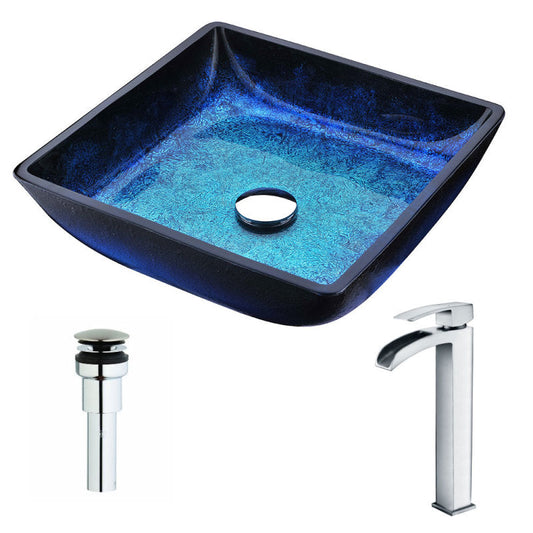 LSAZ056-097 - Viace Series Deco-Glass Vessel Sink in Blazing Blue with Key Faucet in Polished Chrome